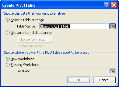 Create PivotTable Window